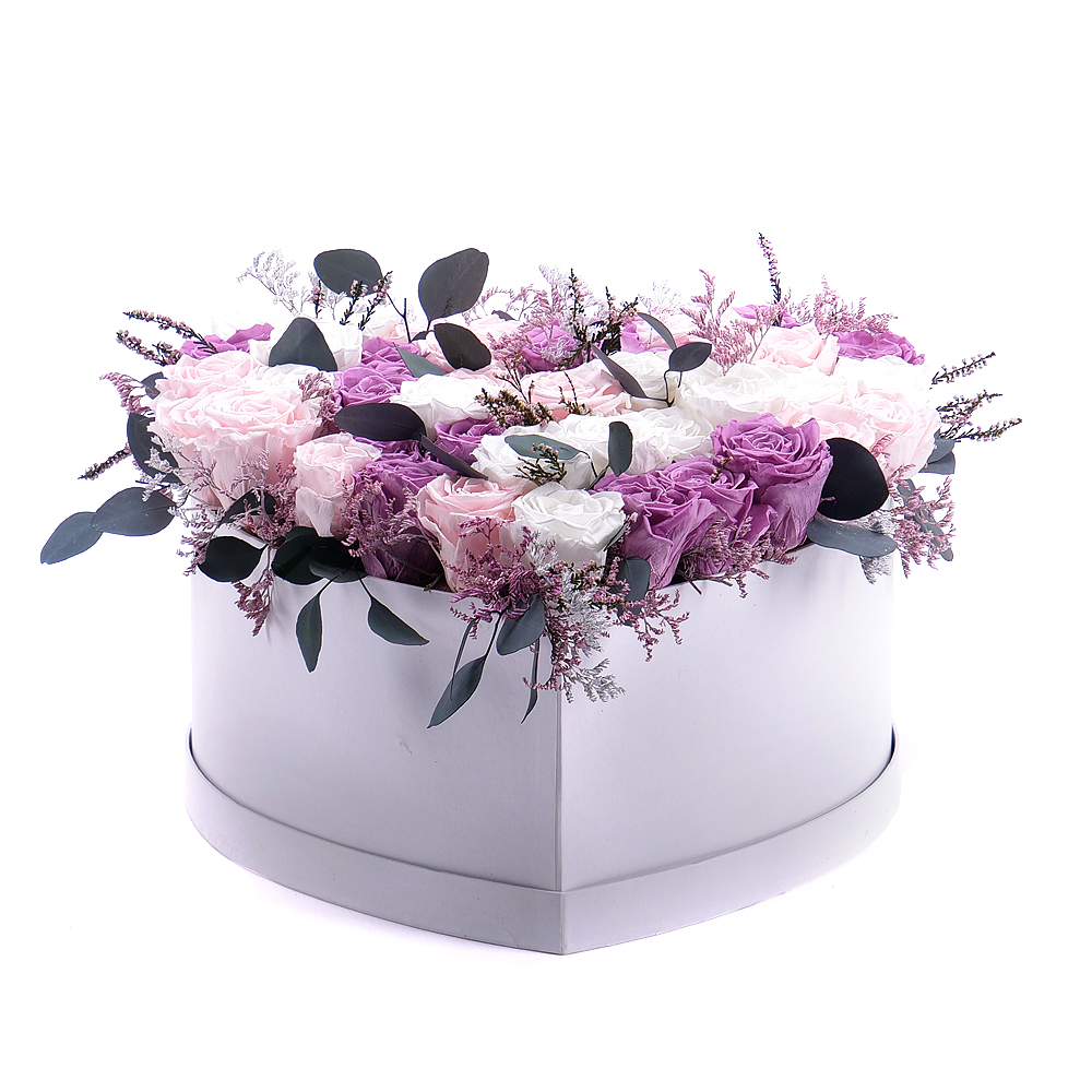 E-shop In eterno biele srdce "XXL" farebné ruže a eucalyptus