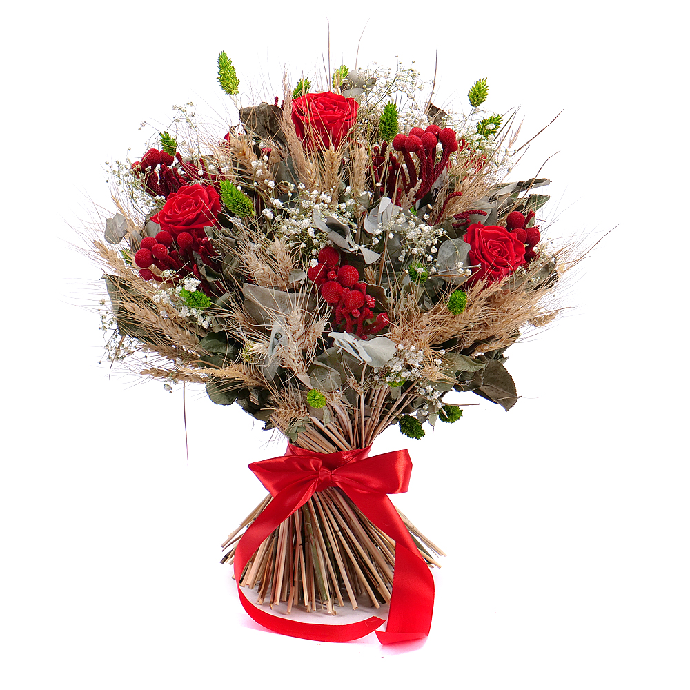 Irigo sušená kytica preparované červené ruže a brunia