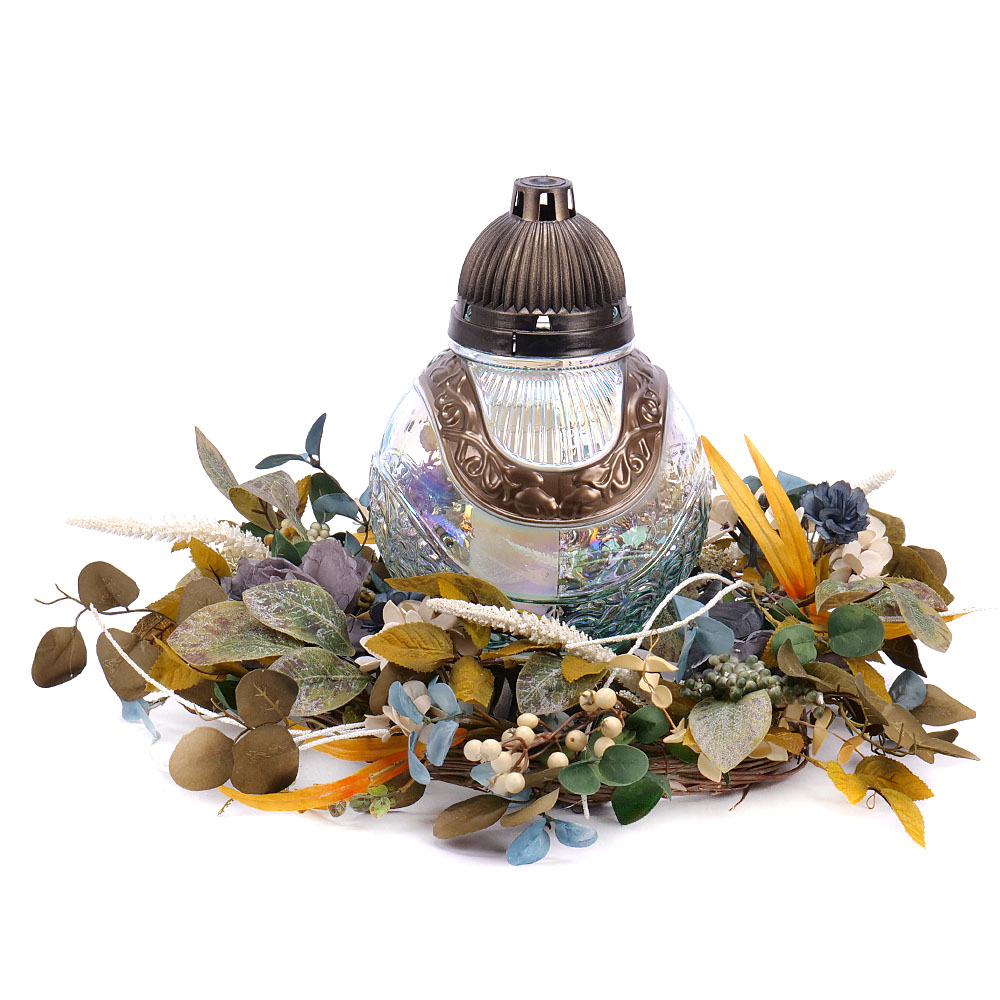 Irigo smútočný veniec sklenený kahanec modré kvety